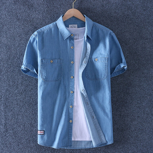 Men Casual Denim Shirt Summer Short Sleeve Blue Shirt Tops