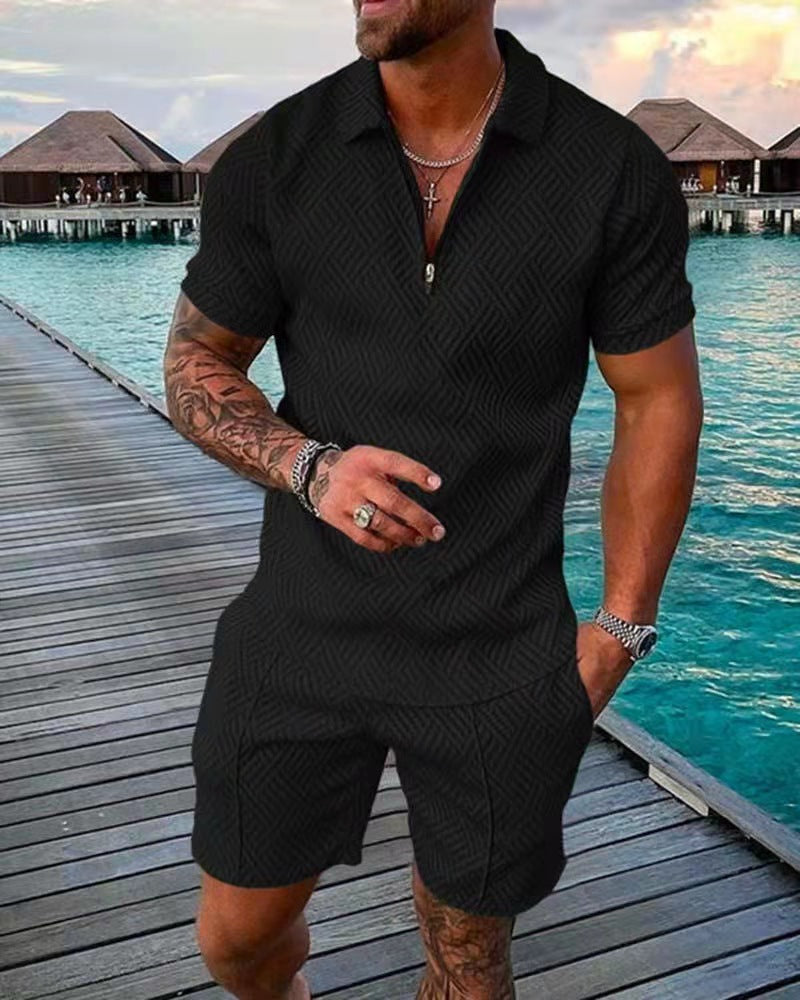 Men's Tracksuit Casual Short Sleeve Zipper Polo Shirt & Shorts Set for Streetwear 2-piece