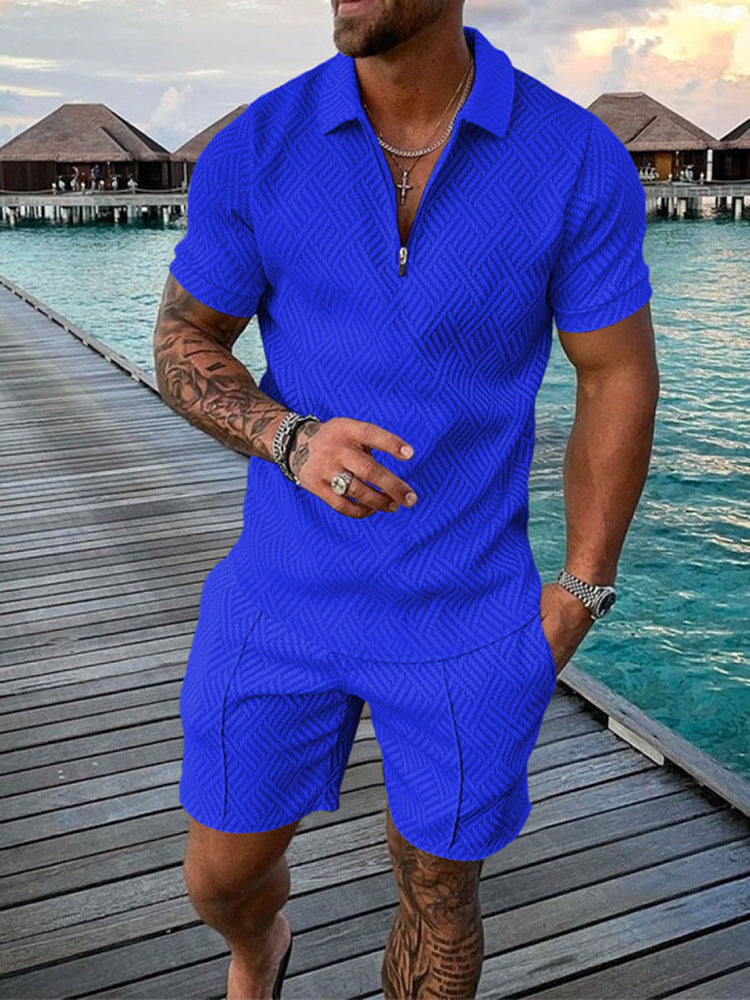 Men's Tracksuit Casual Short Sleeve Zipper Polo Shirt & Shorts Set for Streetwear 2-piece