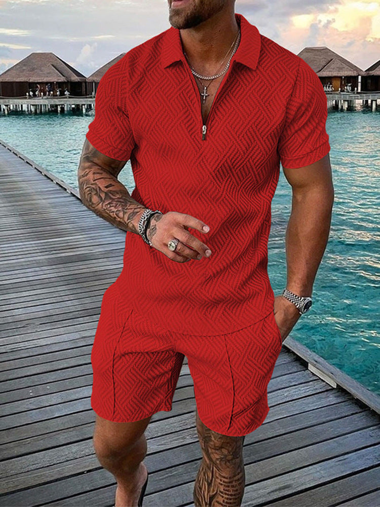 Men's Tracksuit Casual Short Sleeve Zipper Polo Shirt & Shorts Set for Streetwear 2-piece