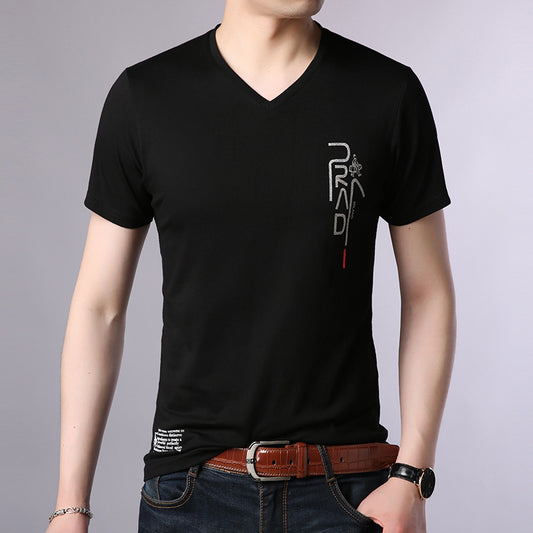Men's summer t-shirt solid color V-neck thin short sleeved slim