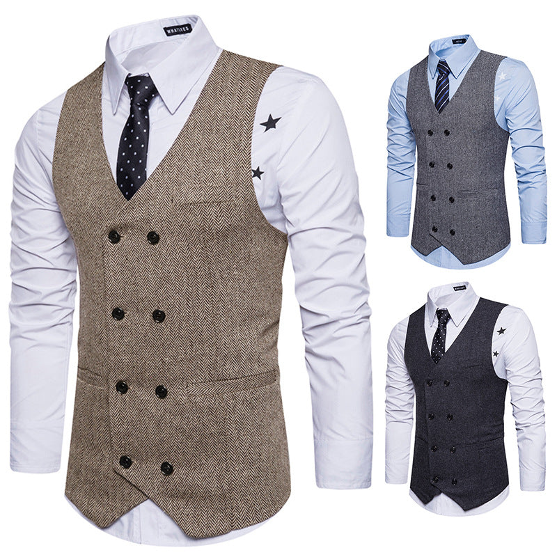 Vintage Mannen Mouwloze Double-Borst Visgraat Twill Vest Business Vest