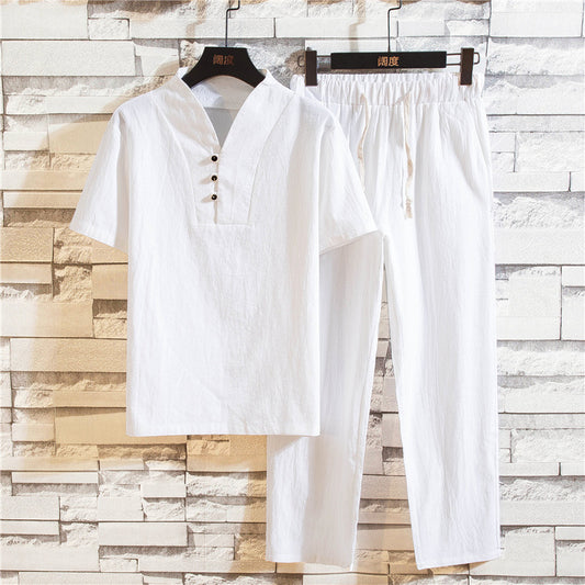 Men's summer linen short sleeve T shirt set retro cotton