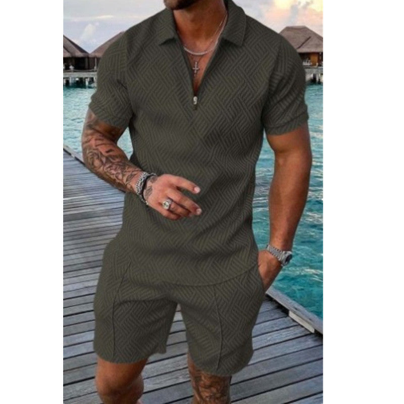 Men's Tracksuit Casual Short Sleeve Zipper Polo Shirt & Shorts Set for Streetwear 2-piece