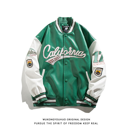 American street PU leather baseball jacket men's fashion hip hop embroidery casual leather jacket
