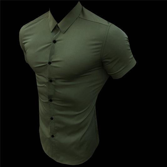 Muscle man fitness short sleeve lapel shirt Stretch thin solid color sports cardigan shirt