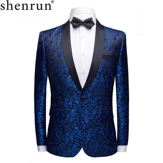 Men Fashion Slim Fit Suit Jacket Skinny Tuxedo Casual Blazer Floral Jacquard Shawl Lapel Costume Wedding Party Prom Mens Blazers