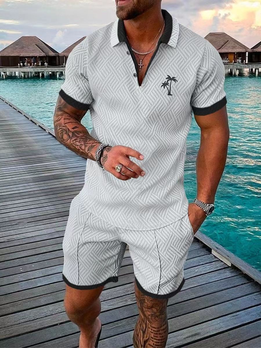 Men's Tracksuit Casual Short Sleeve Zipper Polo Shirt & Shorts Set for Streetwear 2-piece