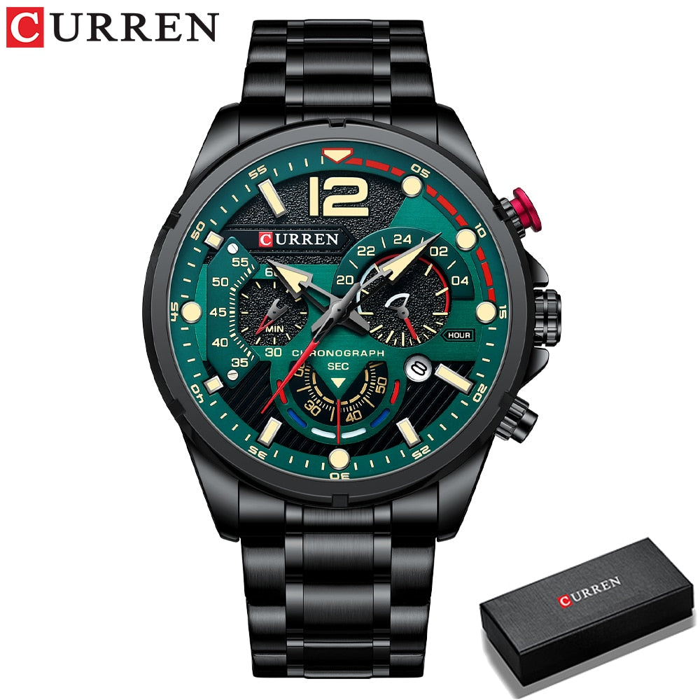 CURREN Men's Chronograph Quartz Wristwatch Fashion Luxury Stainless Steel Strap Male Clock Luminous Hands