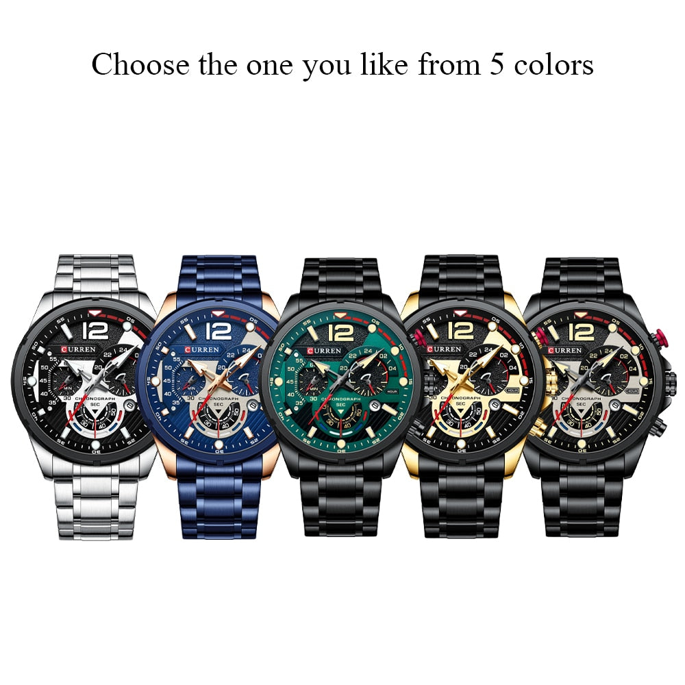CURREN Men's Chronograph Quartz Wristwatch Fashion Luxury Stainless Steel Strap Male Clock Luminous Hands