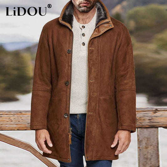 Autumn Winter Solid Fashion Casual Mid-length Woolen Coat Male Long Sleeve Loose Oversized Jacket