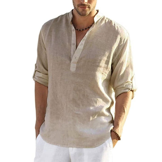 Summer Cotton Linen Men Shirts  Casual Loose Long Sleeve Stand Collar Tops Blouse Solid Button V-Neck