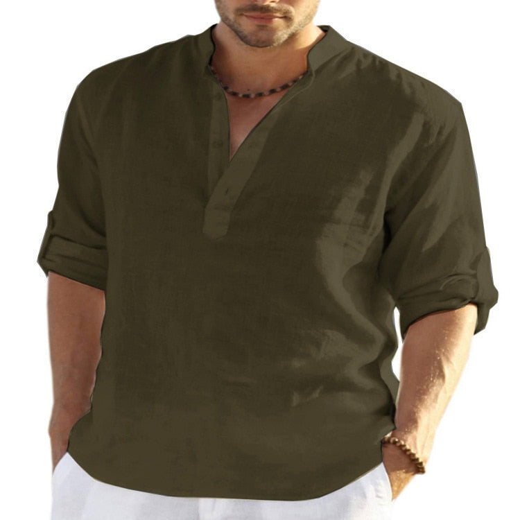 Summer Cotton Linen Men Shirts  Casual Loose Long Sleeve Stand Collar Tops Blouse Solid Button V-Neck