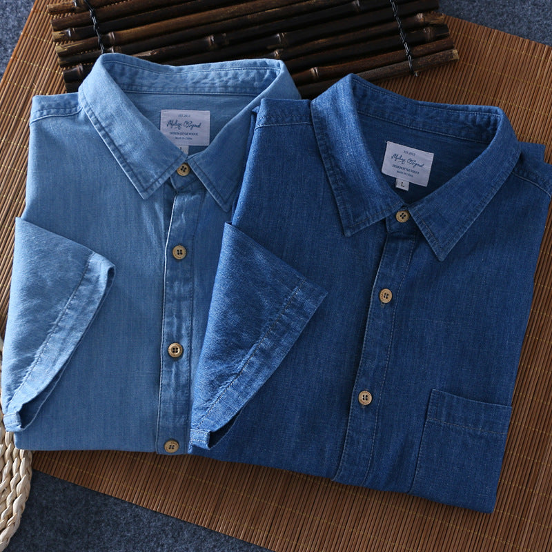 Men Casual Denim Shirt Summer Short Sleeve Blue Shirt Tops