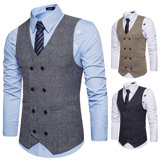 Vintage Mannen Mouwloze Double-Borst Visgraat Twill Vest Business Vest