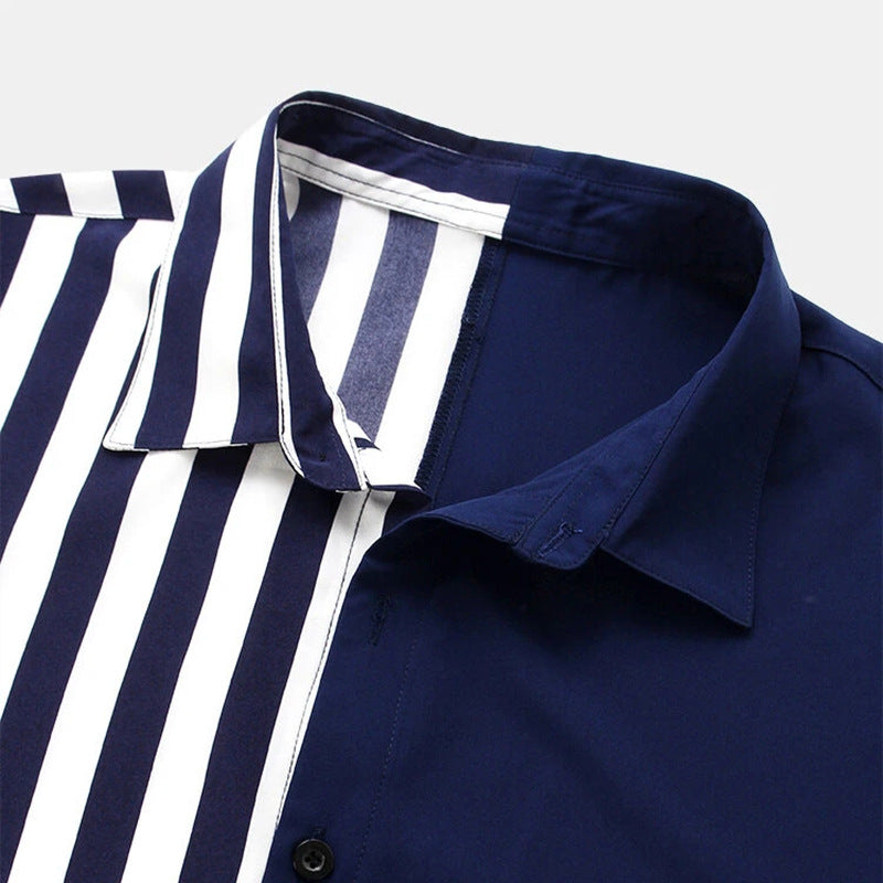 Summer trade lapel short sleeve men's two-color striped print casual