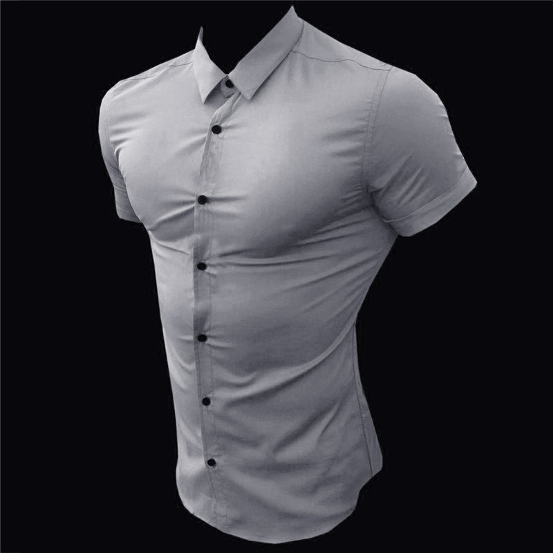 Muscle man fitness short sleeve lapel shirt Stretch thin solid color sports cardigan shirt
