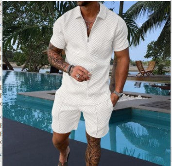 Men's Tracksuit Casual Short Sleeve Zipper Polo Shirt & Shorts Set for Streetwear 2-piece