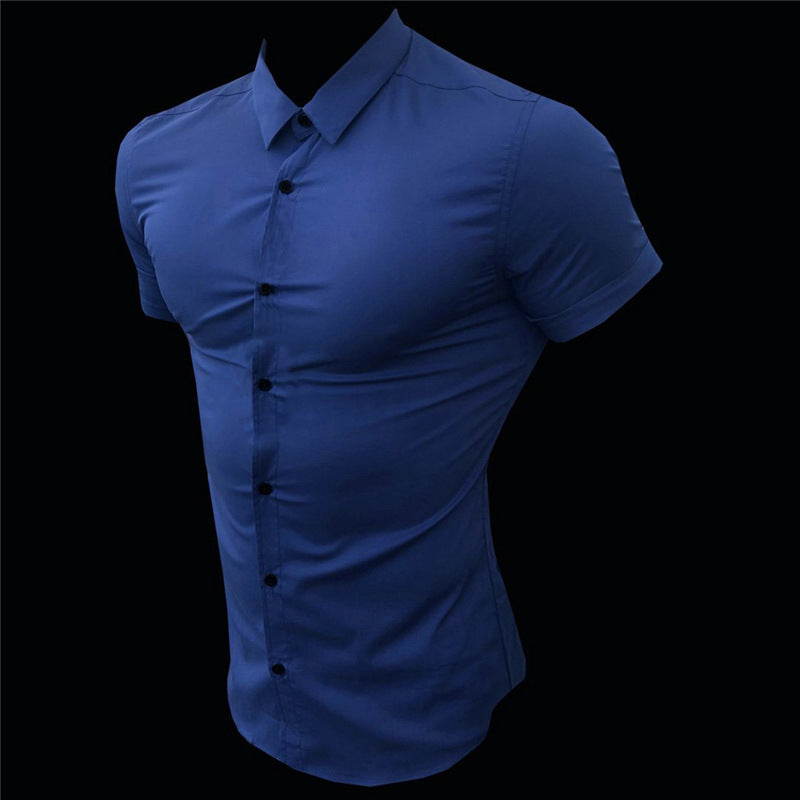 Muscle man fitness short sleeve lapel shirt Stretch thin solid color sports cardigan shirt